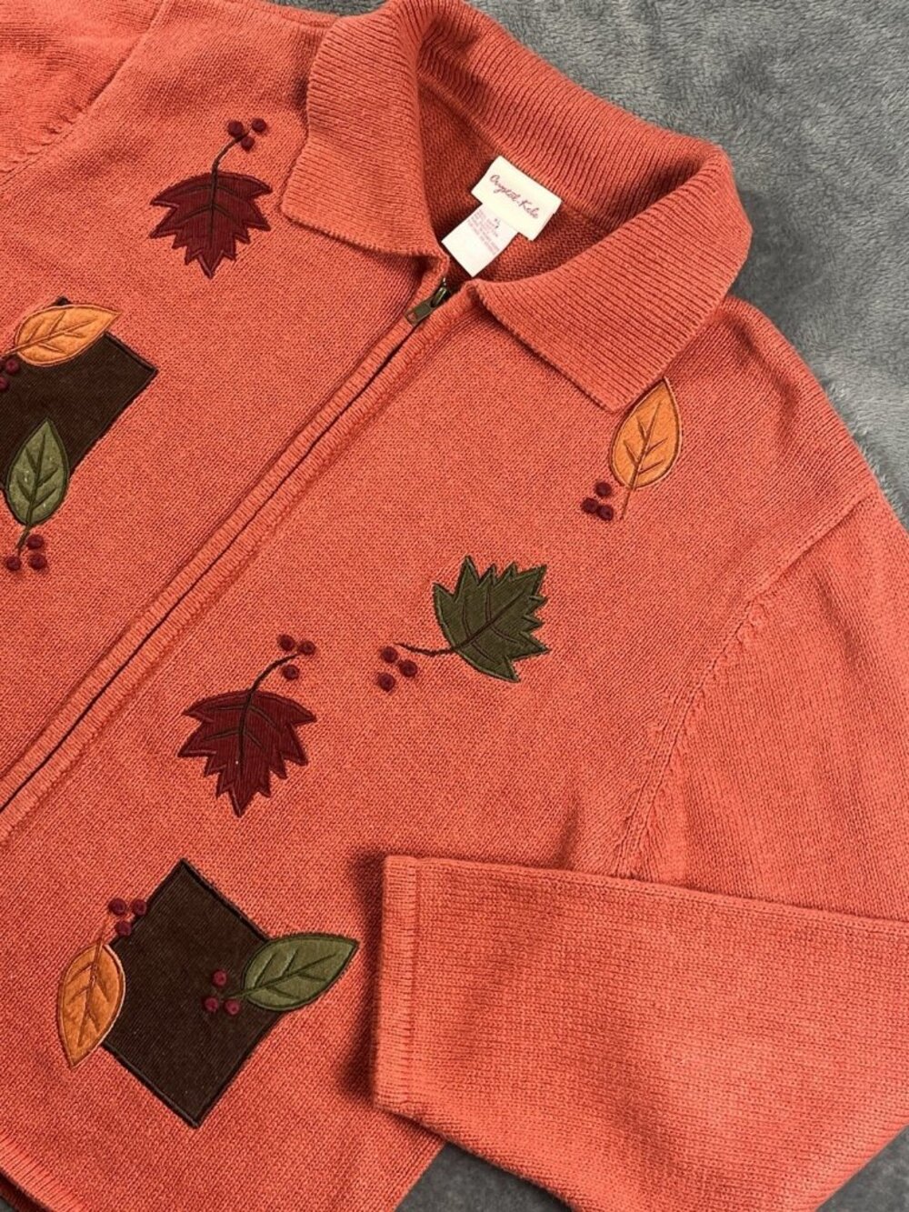 VTG Crystal-Kobe Sweater Women's XL Red Fall Leaf Cardigan Full Zip Knit